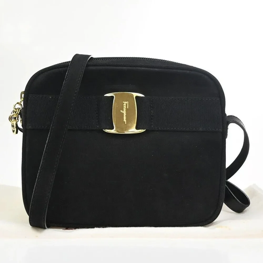 SALVATORE FERRAGAMO Vara Shoulder Crossbody Bag Suede Leather Black